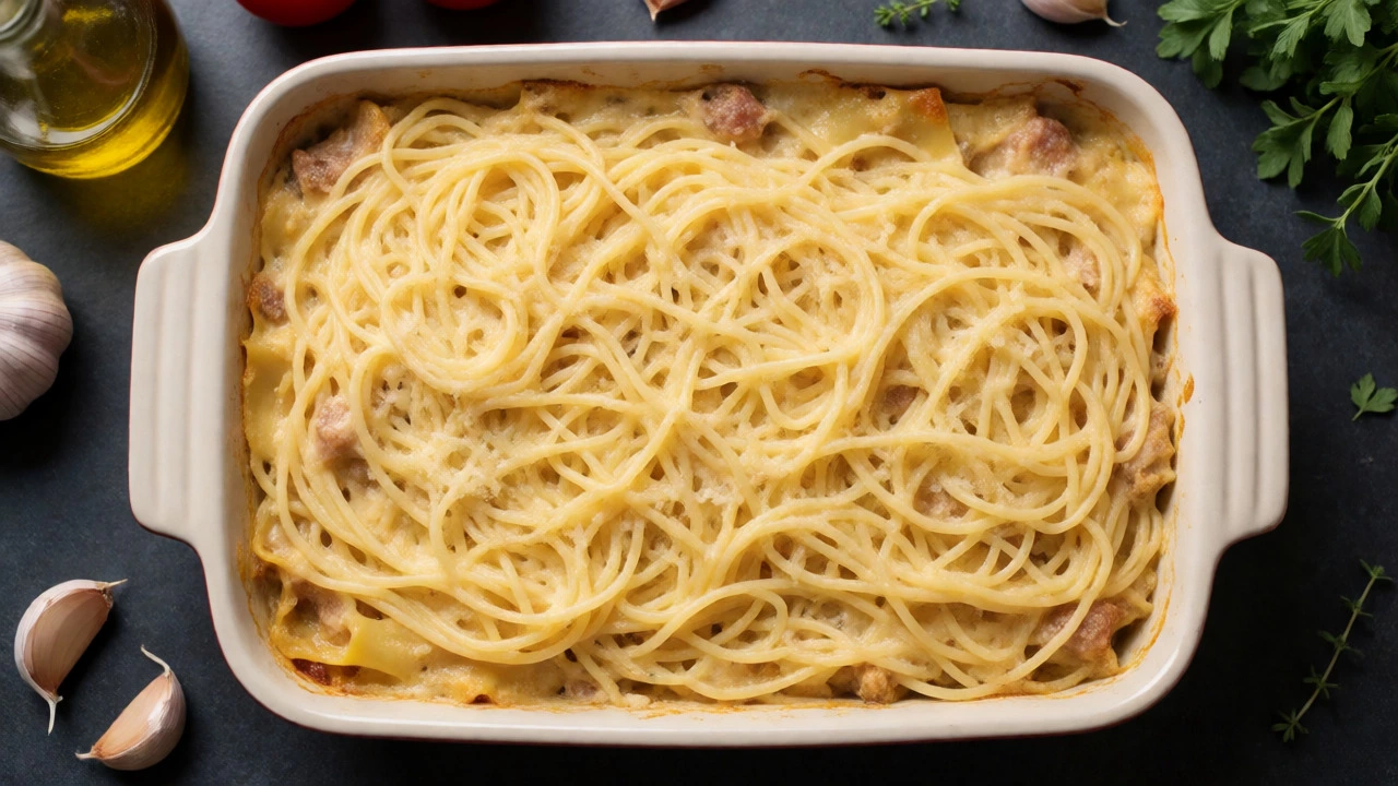 Baked pasta dish with melted cheese and fresh ingredients
