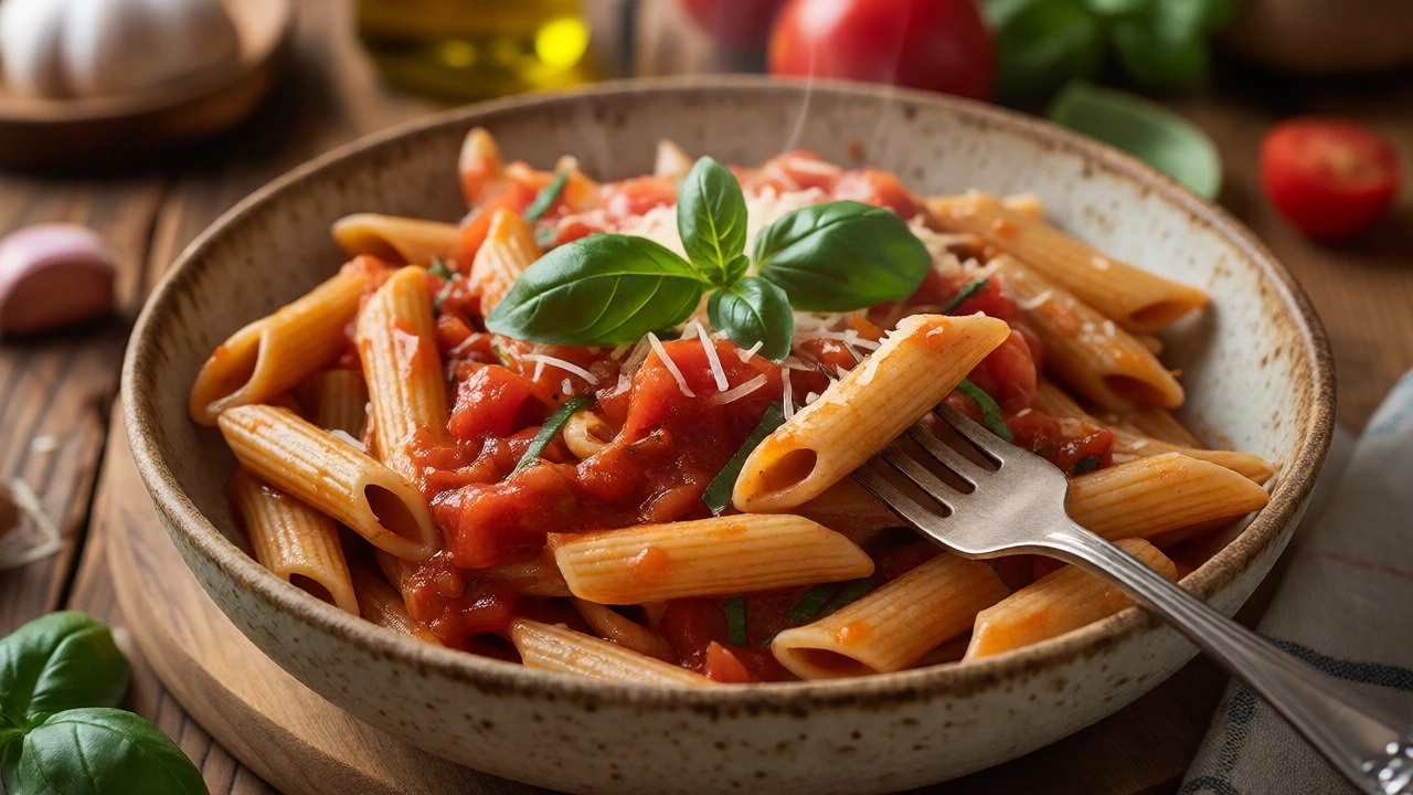 Bowl of whole wheat penne pasta with tomato sauce and basil