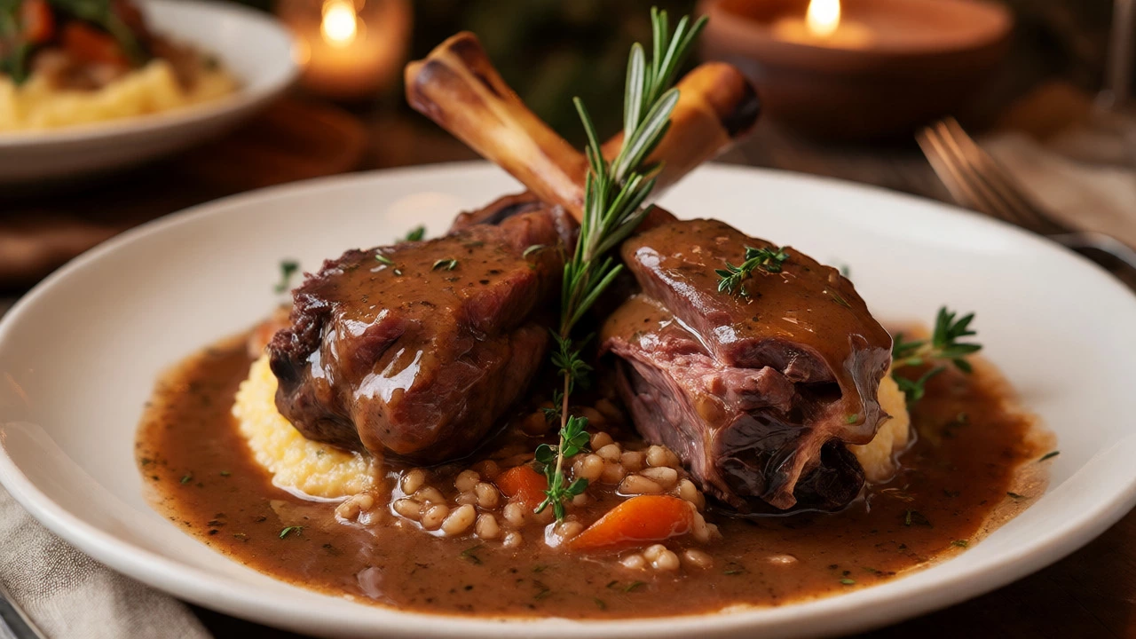 Braised lamb shanks with rich gravy and herbs served over creamy mash