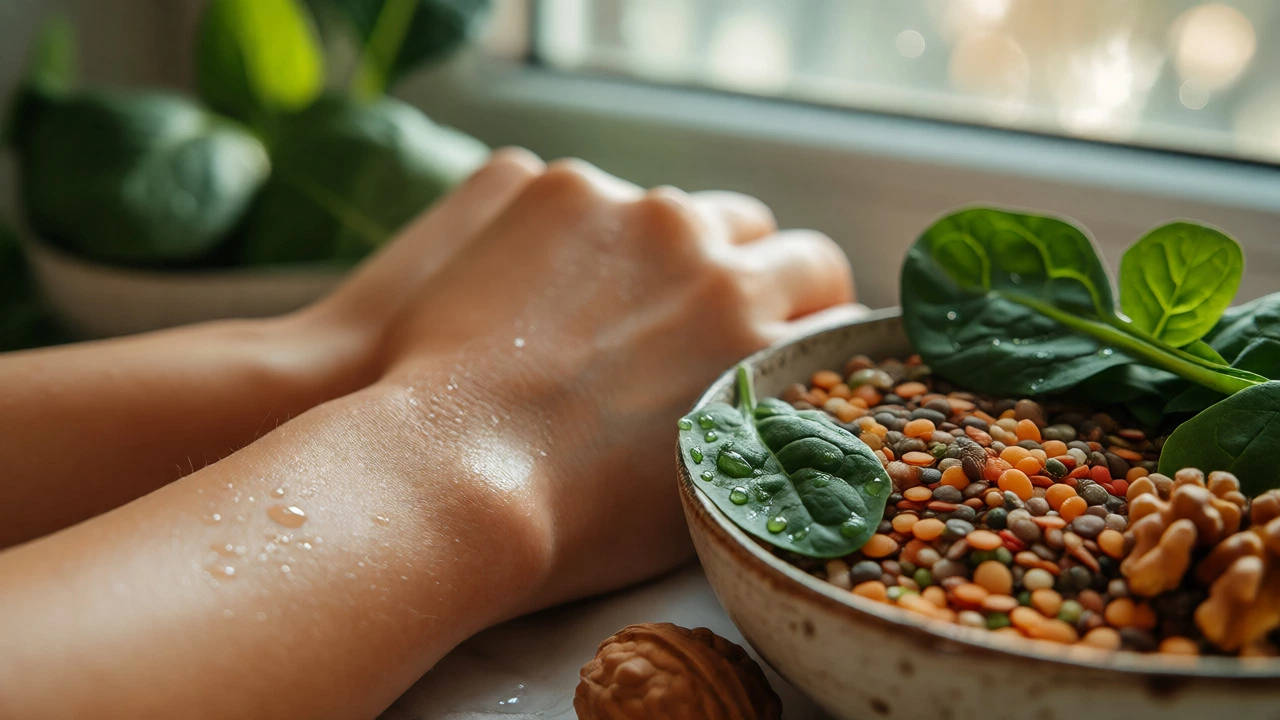 Close-up of healthy skin next to nutrient-rich plant foods like lentils and spinach