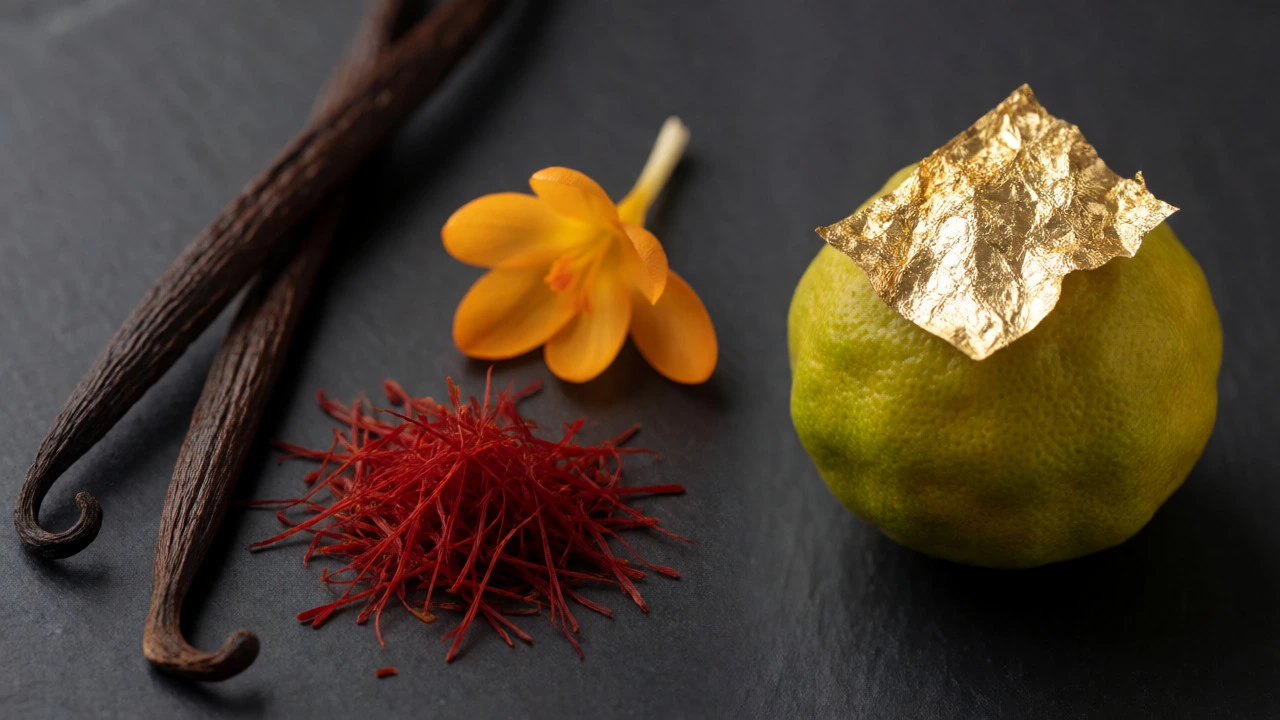 Close-up of vanilla pods, saffron threads, gold leaf, and yuzu on a slate surface.