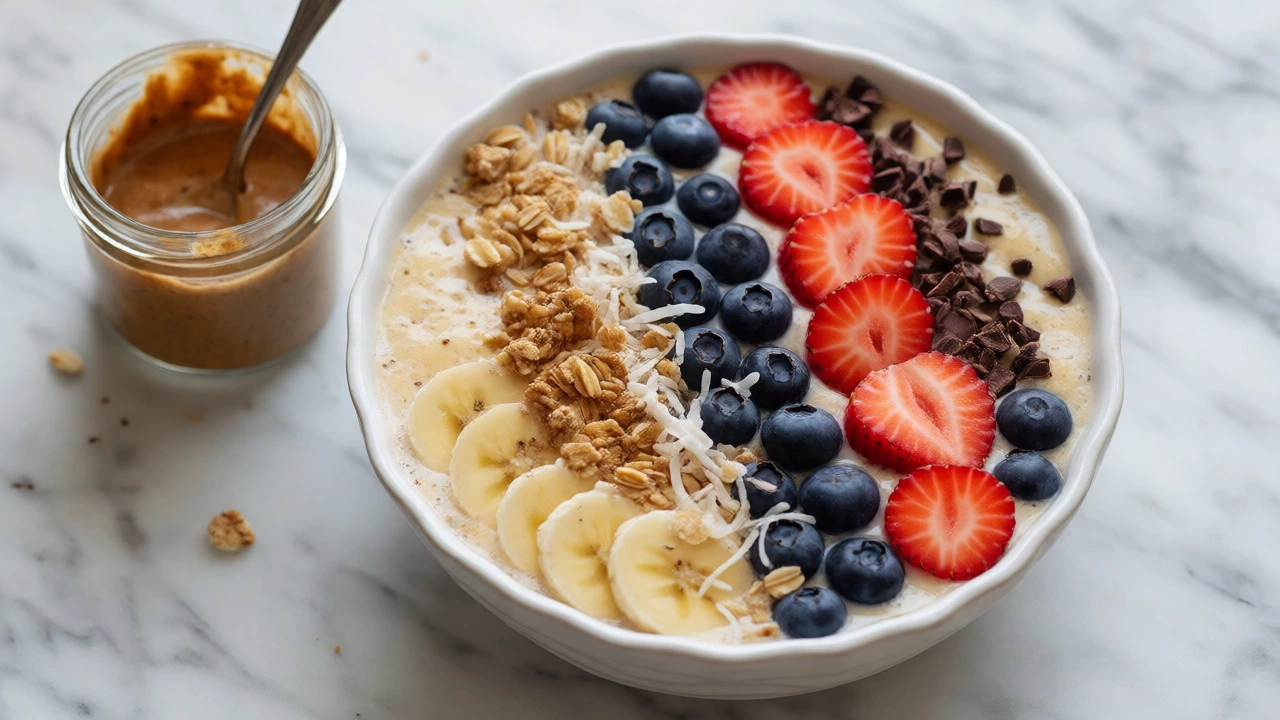 Colorful vegan smoothie bowl with fruit and granola