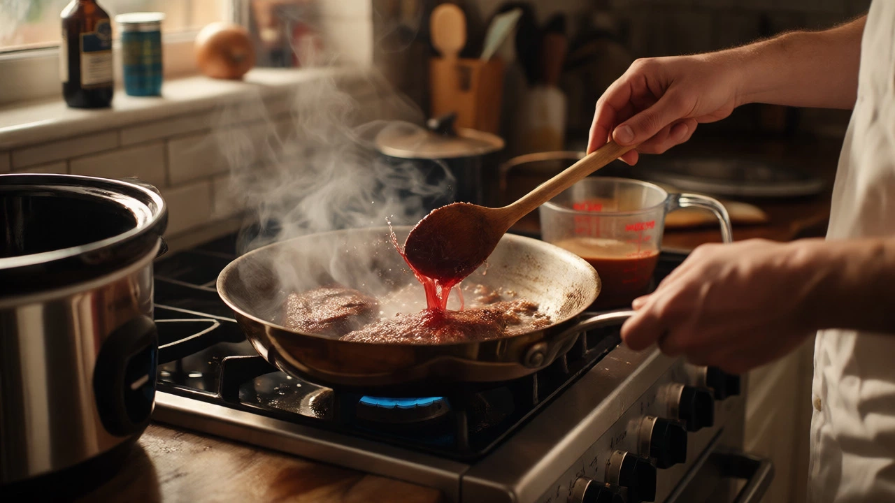 Deglazing a pan with liquid to capture flavorful brown bits for the sauce.