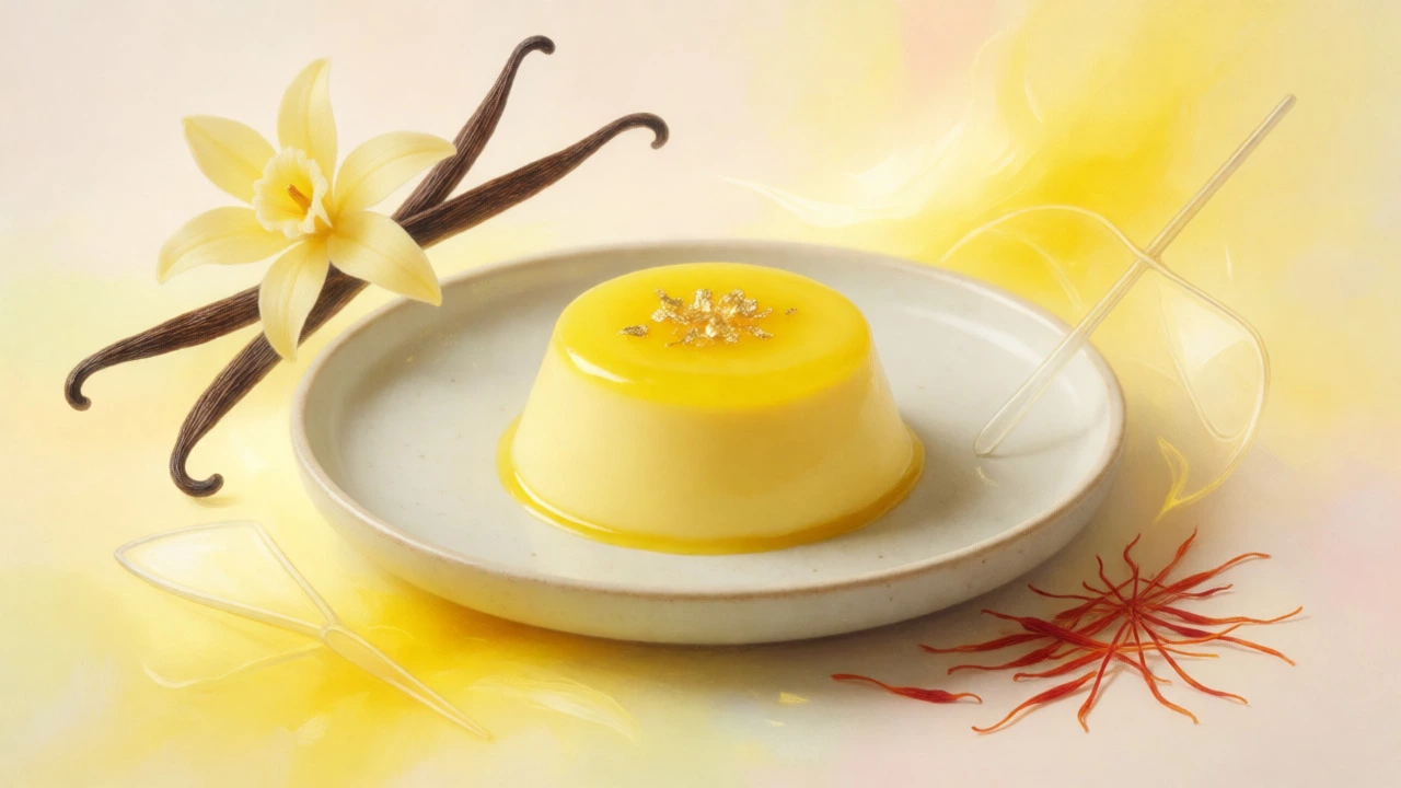 Elegant saffron panna cotta with gold leaf surrounded by abstract ingredient symbols.