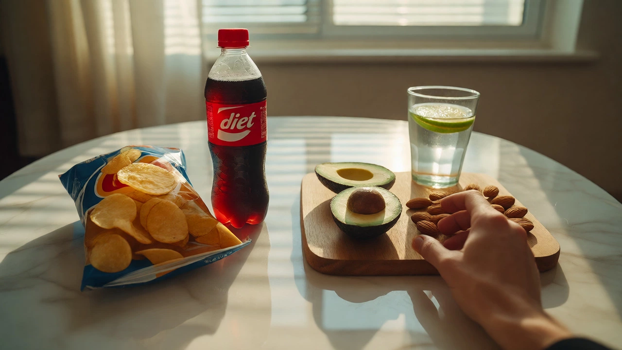 Hand choosing healthy snacks over processed chips and soda