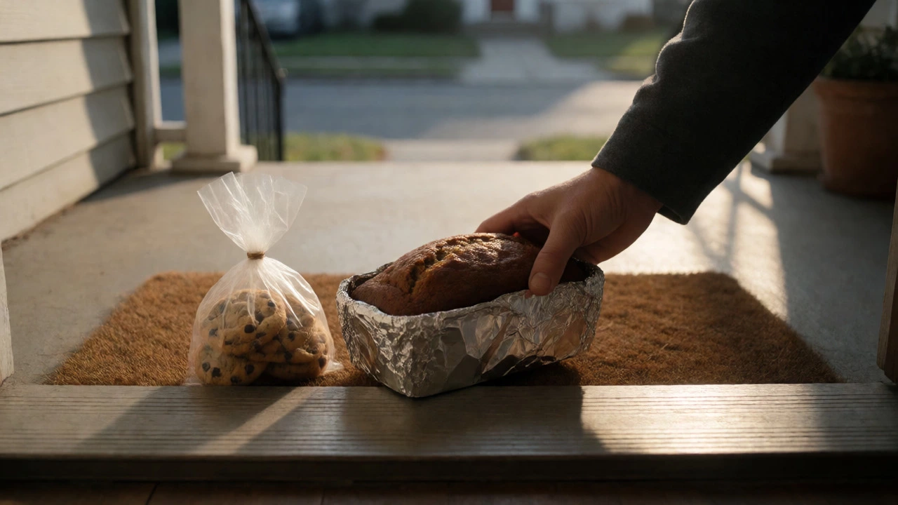 Hand placing wrapped banana bread and cookies on a doorstep