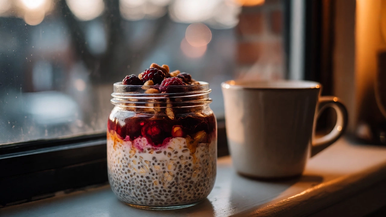 Jar of overnight oats with berries beside morning tea
