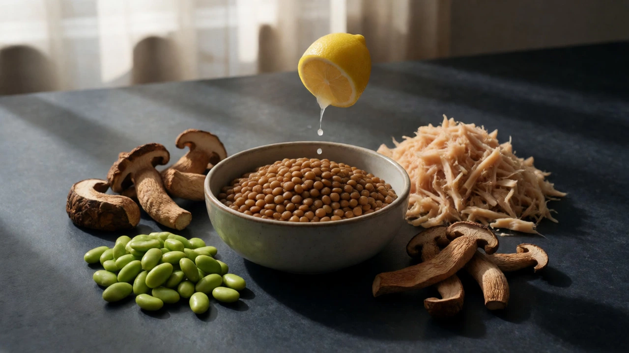 Lentils, jackfruit, and edamame arranged on slate with lemon squeeze.