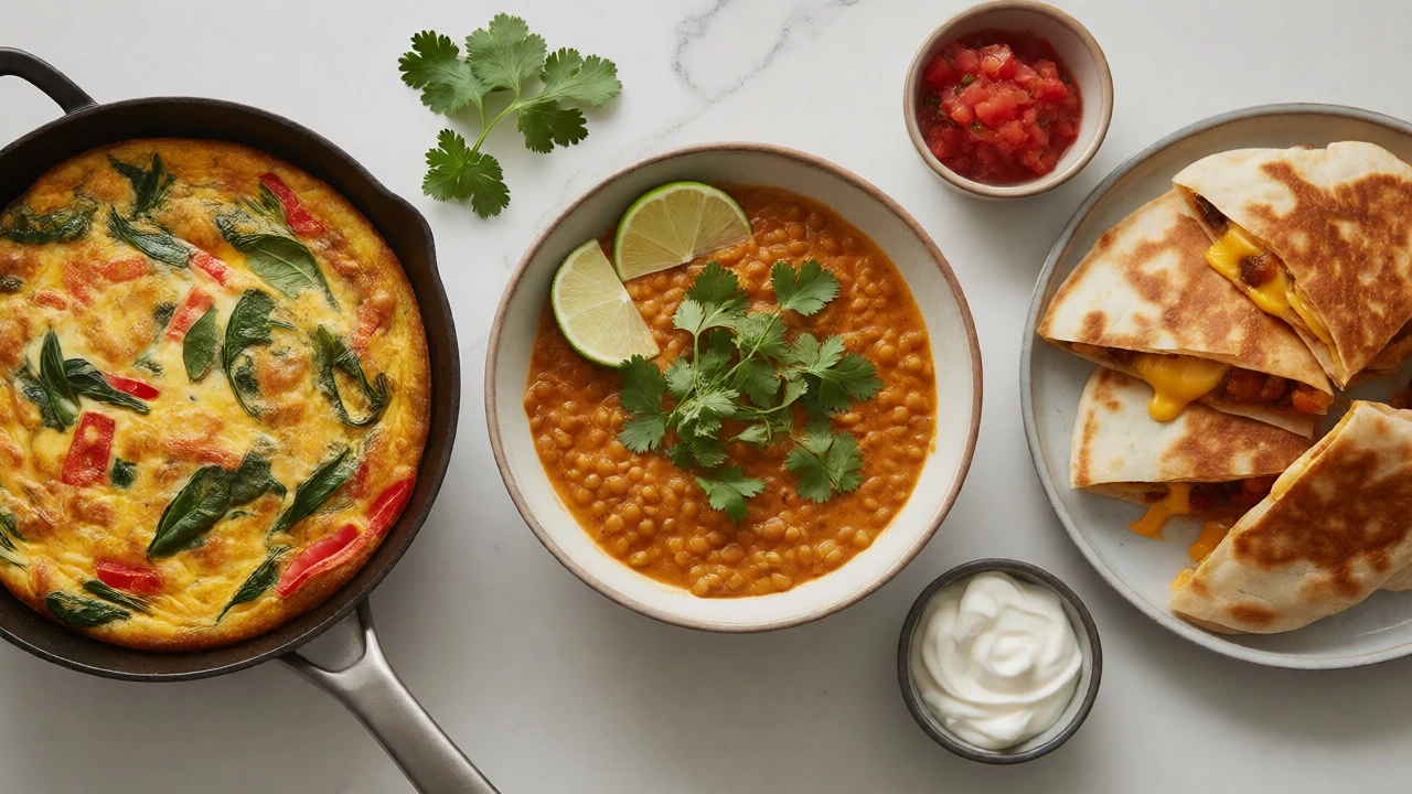 Overhead view of frittata, lentil curry, and quesadillas showcasing delicious low-cost meals.