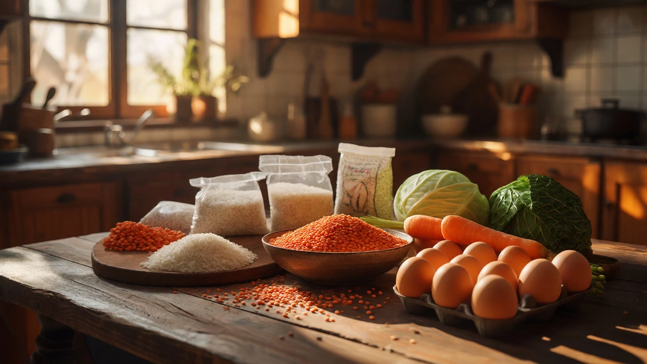 Rustic table display of budget staples like lentils, rice, carrots, cabbage, and eggs in natural light.