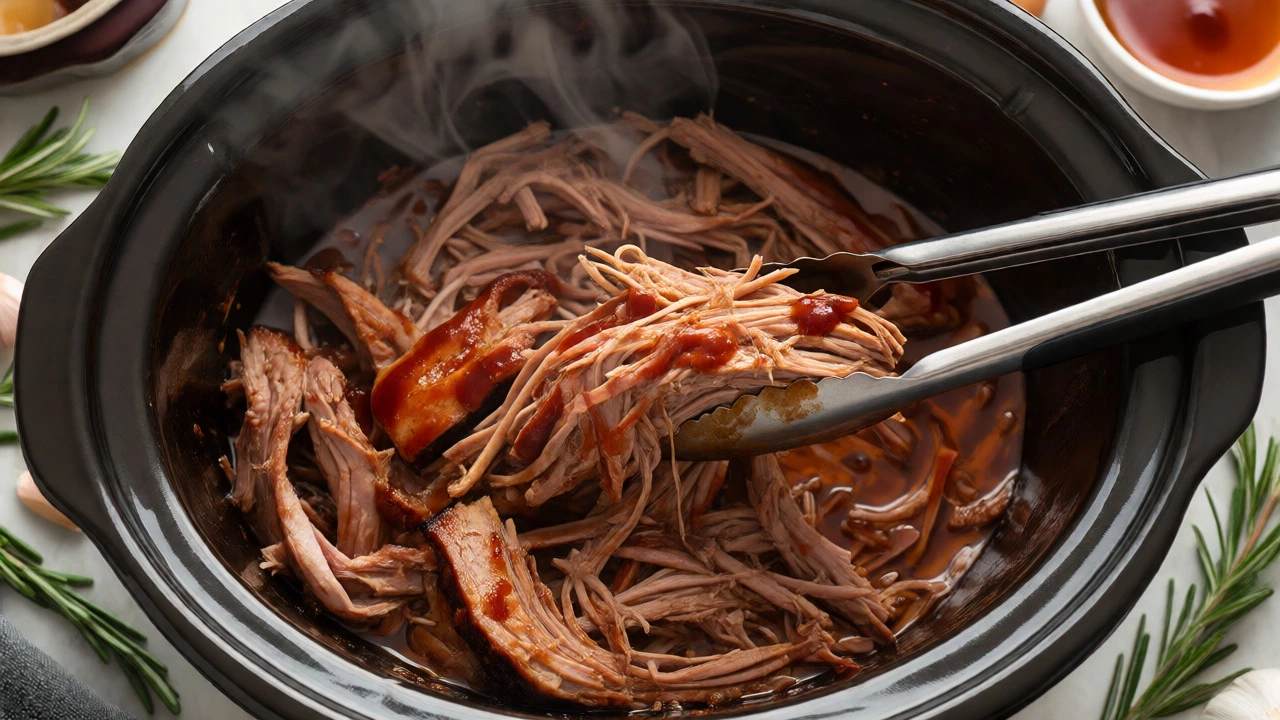 Shredded pulled pork shoulder steaming in a slow cooker with tongs