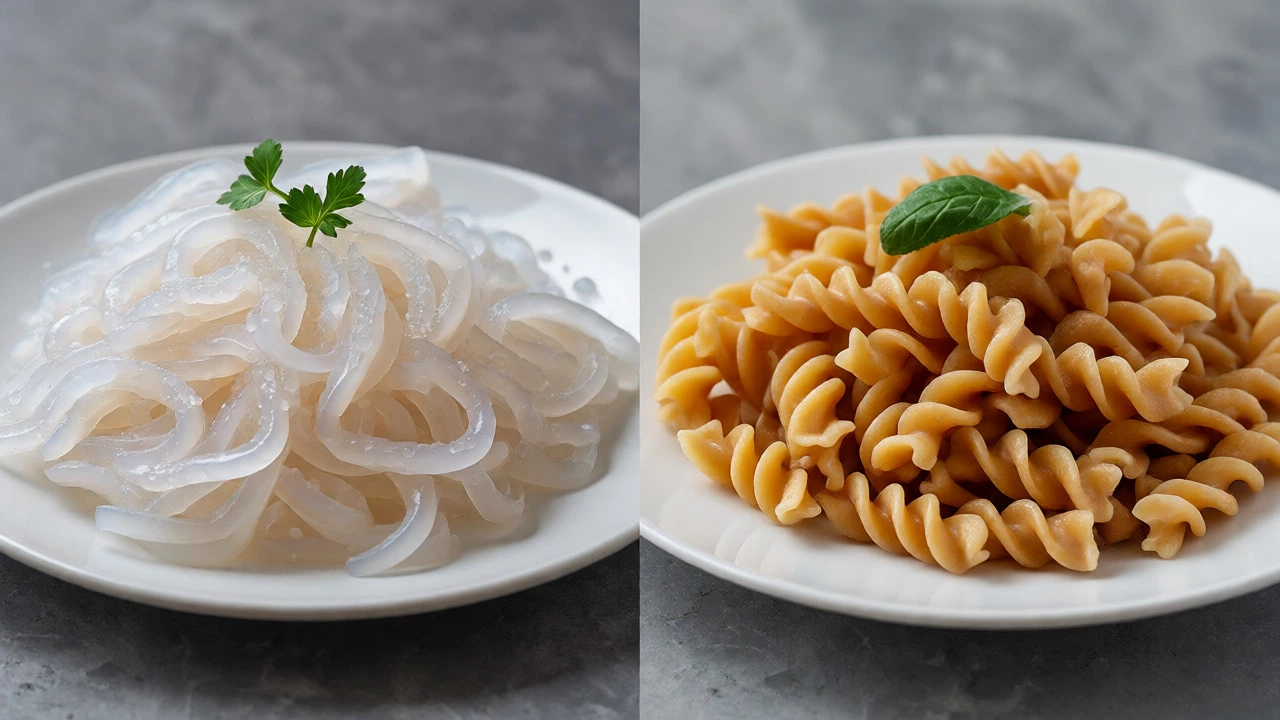 Side-by-side comparison of konjac and chickpea pasta textures