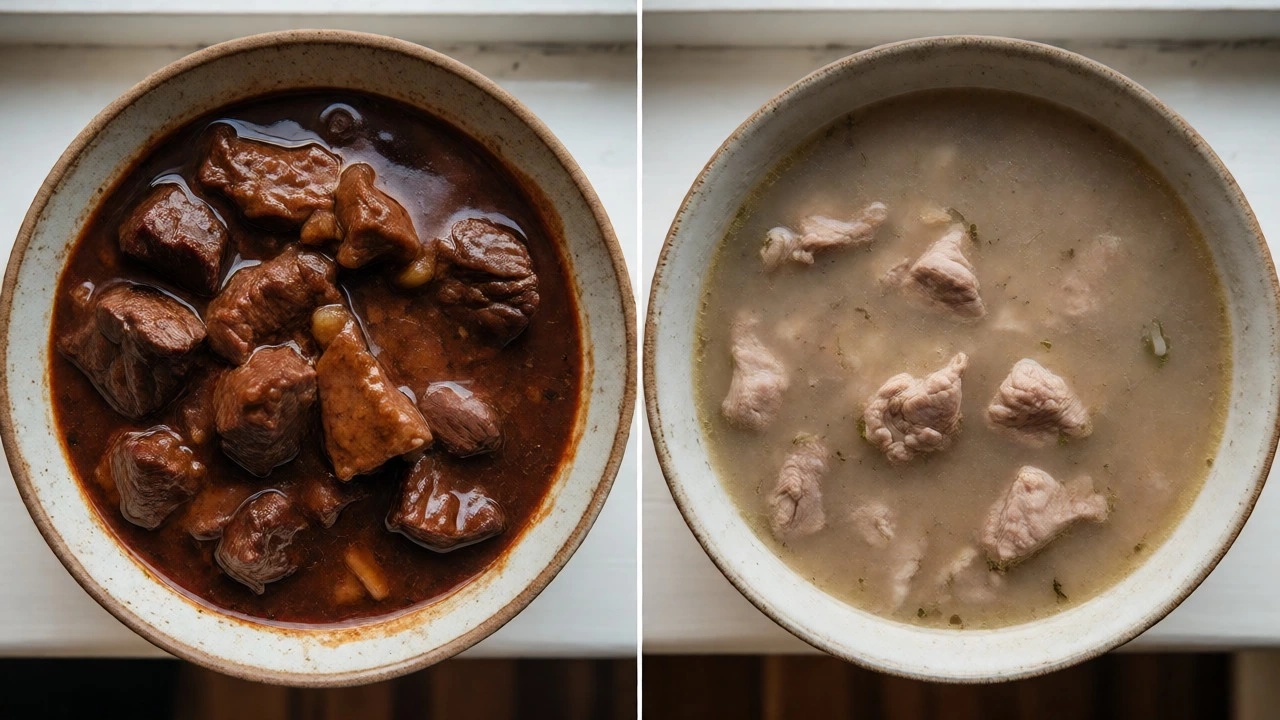 Side-by-side comparison of rich seared stew versus pale unseared stew.