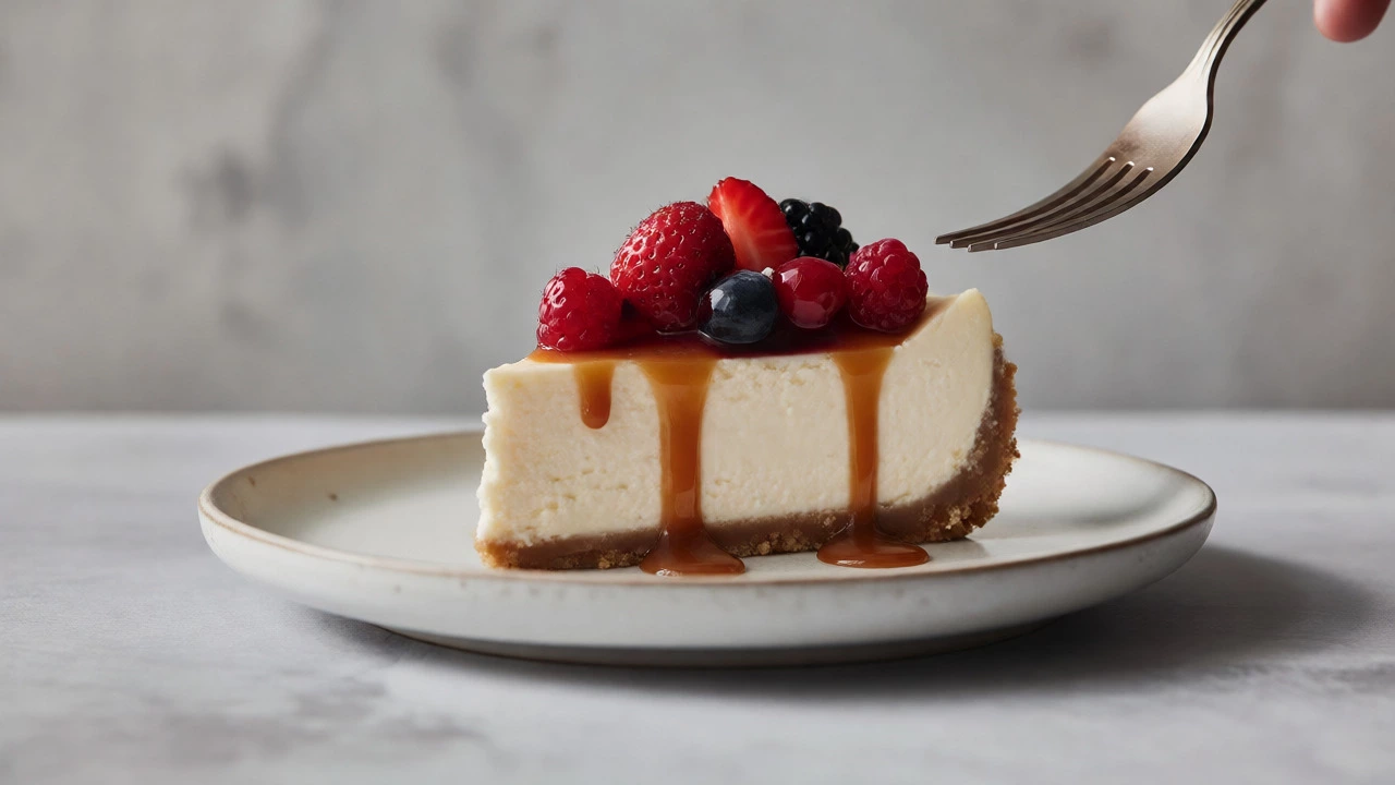 Slice of New York-style cheesecake topped with fresh berries and caramel.