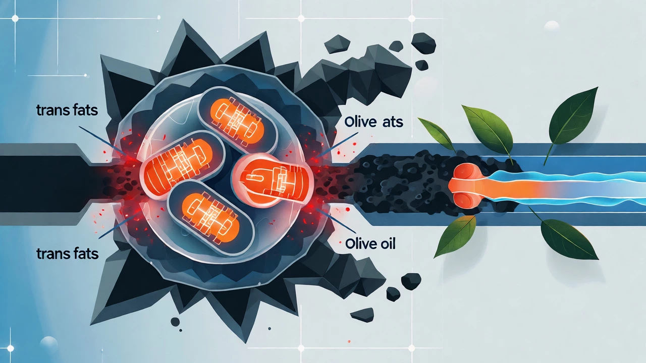 Stylized cell showing trans fats blocking mitochondrial energy