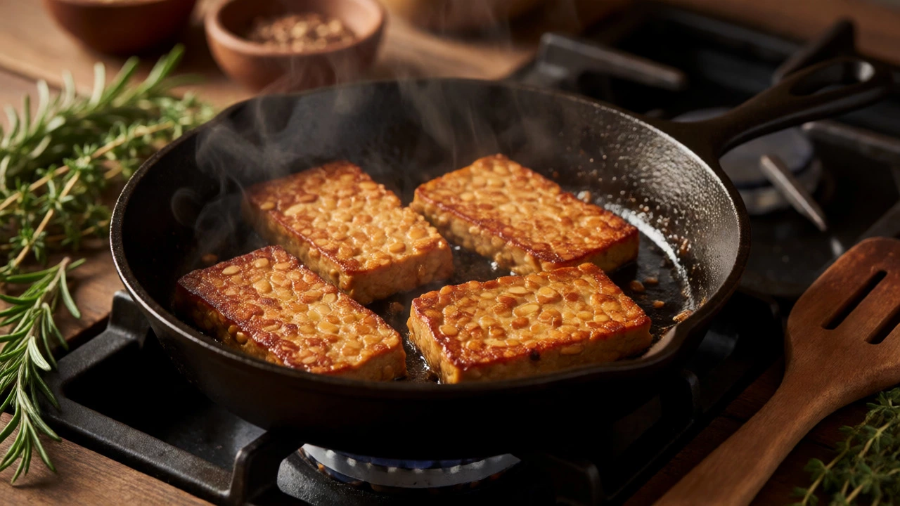 Tempeh slices searing in a cast-iron skillet with rising steam.