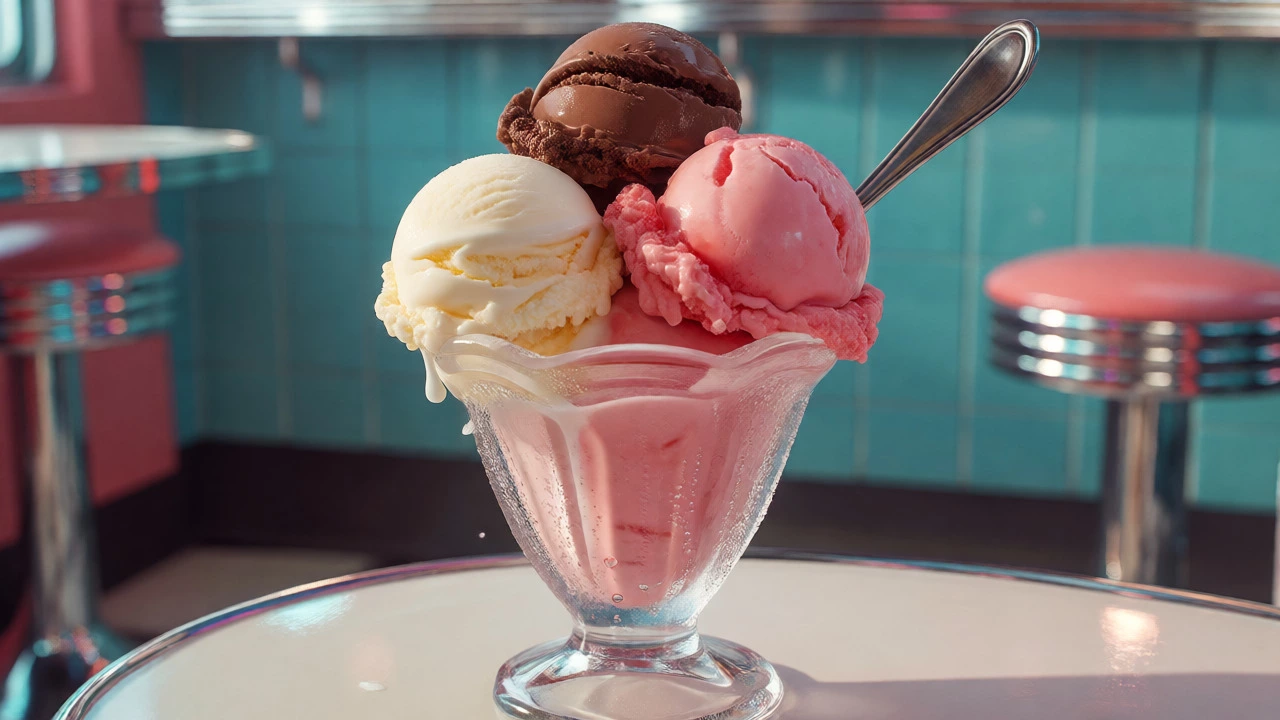 Three scoops of vanilla, chocolate, and strawberry ice cream in a glass dish.