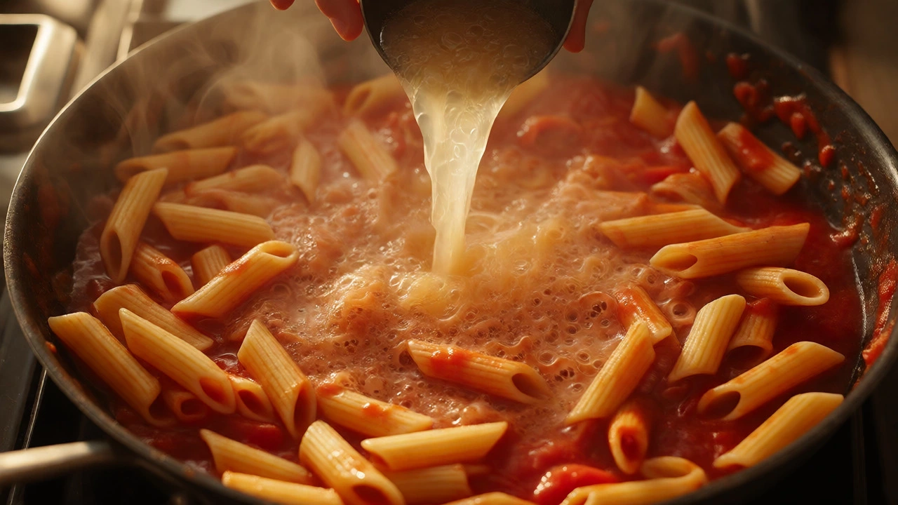 Tossing pasta with sauce and starchy water in a skillet