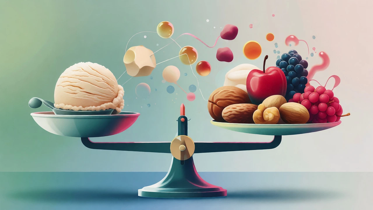 Abstract concept of balancing ice cream with healthy toppings