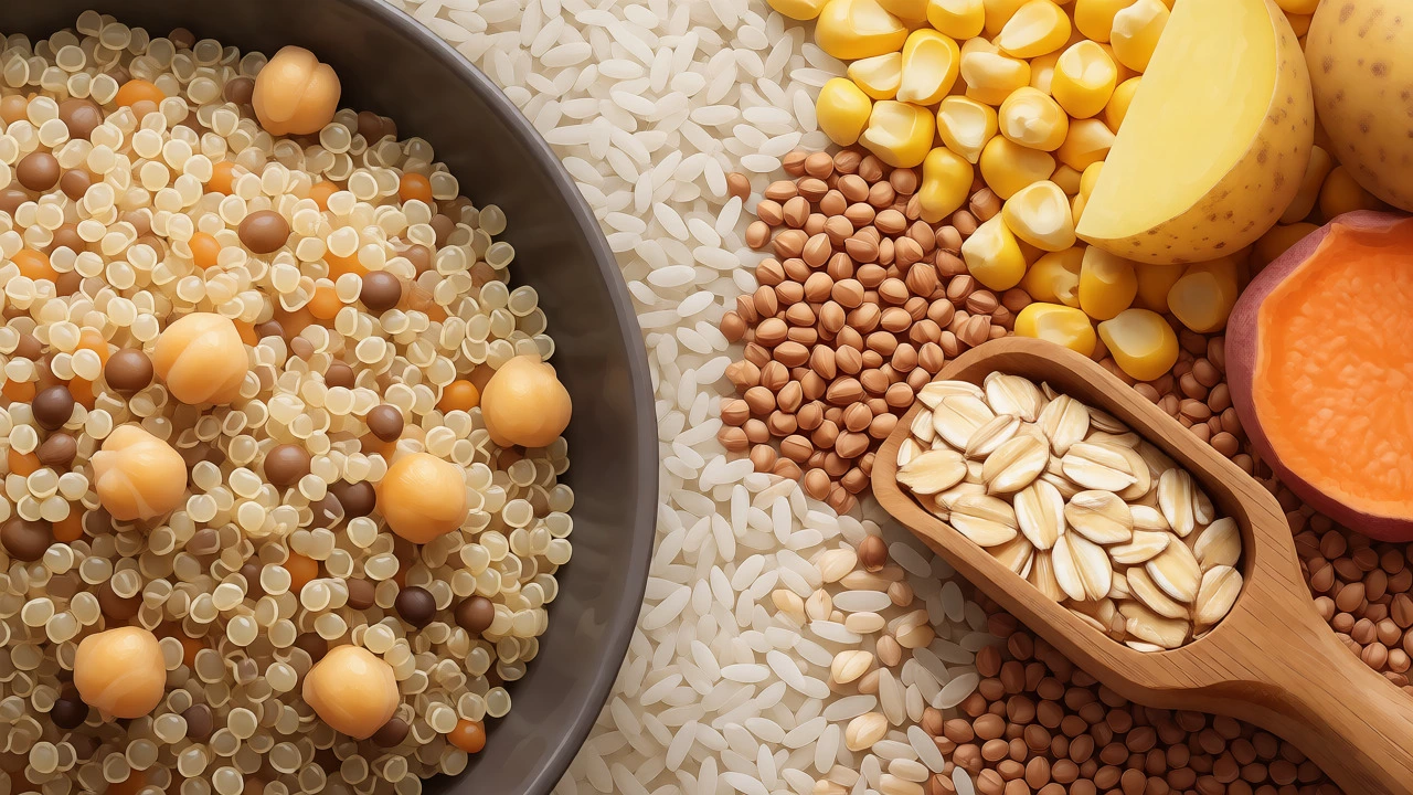 Artistic arrangement of quinoa, lentils, rice, buckwheat, and potatoes representing safe grains.
