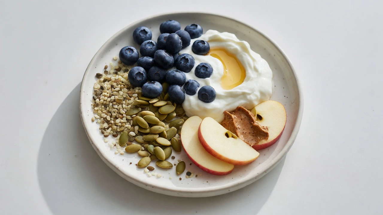 Balanced snack plate with Greek yogurt, berries, pumpkin seeds, and apple slices