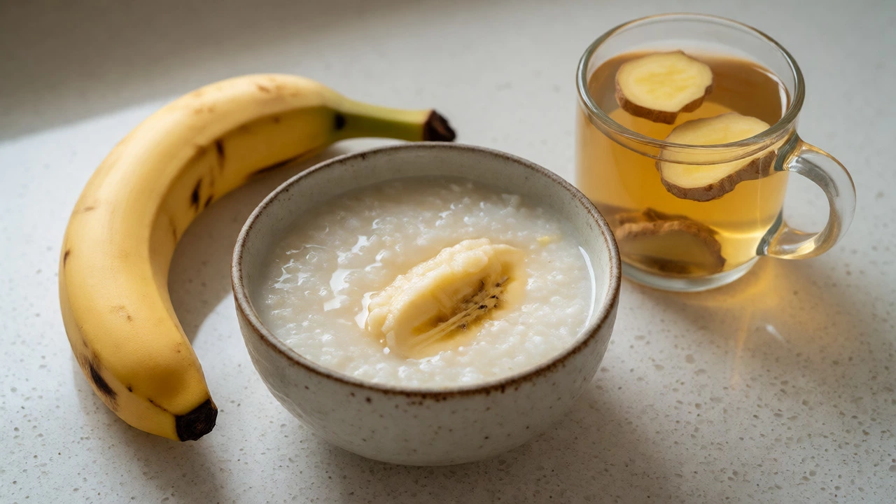 Bowl of congee with mashed banana alongside a mug of ginger tea