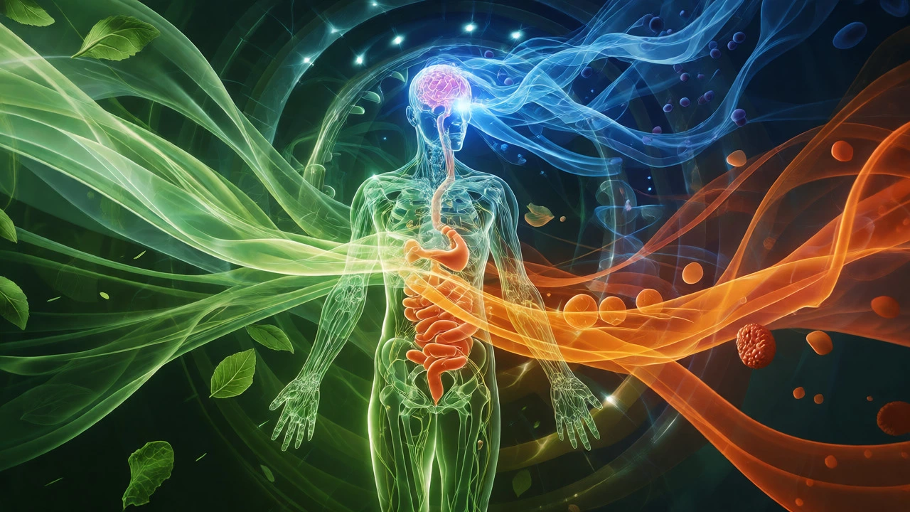 Conceptual illustration of nutrients powering the human body