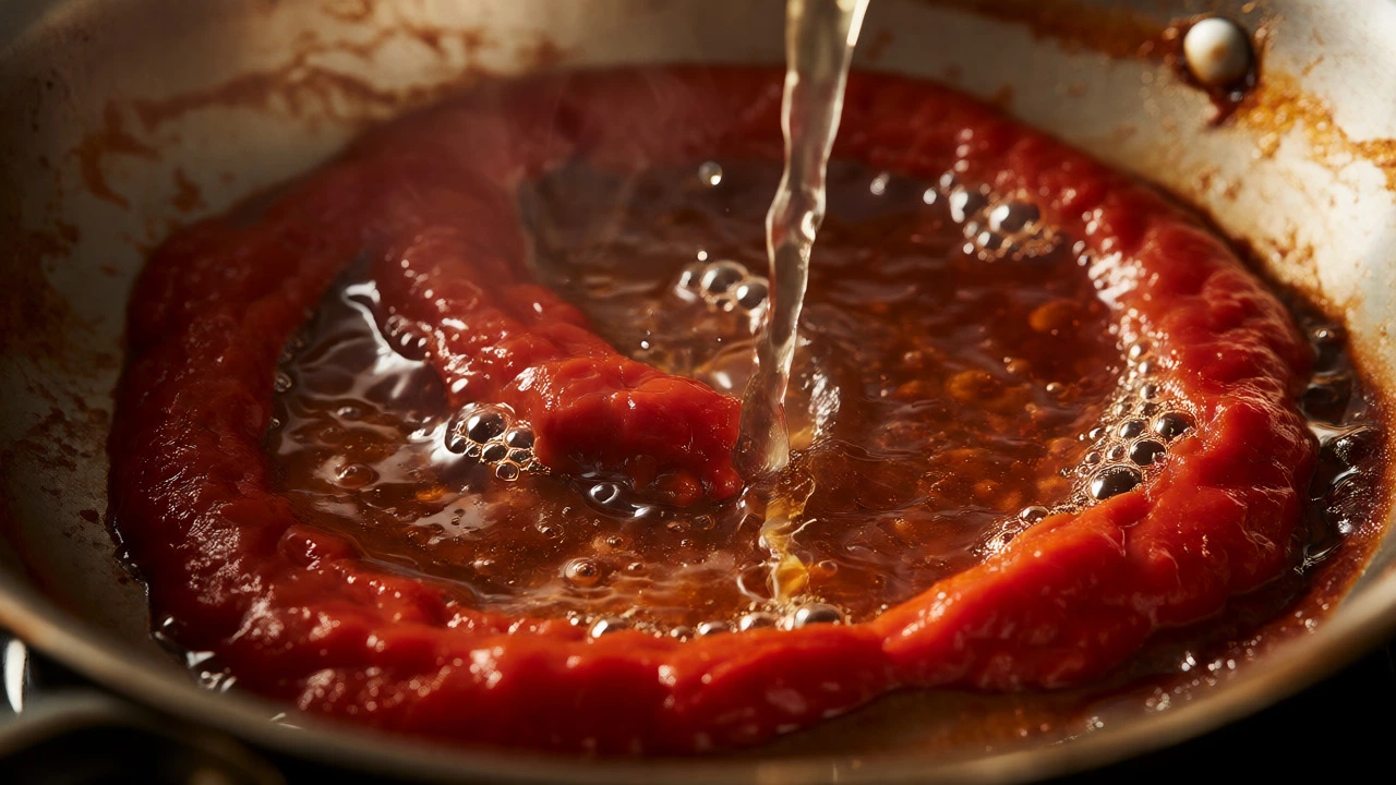 Darkened, fried tomato paste being deglazed with wine in a stainless steel pan.