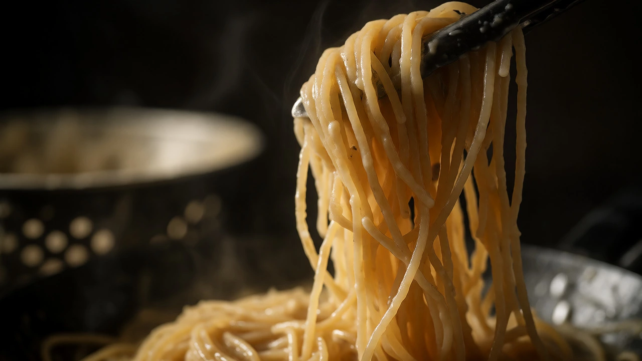 Glossy al dente spaghetti strands lifted with tongs
