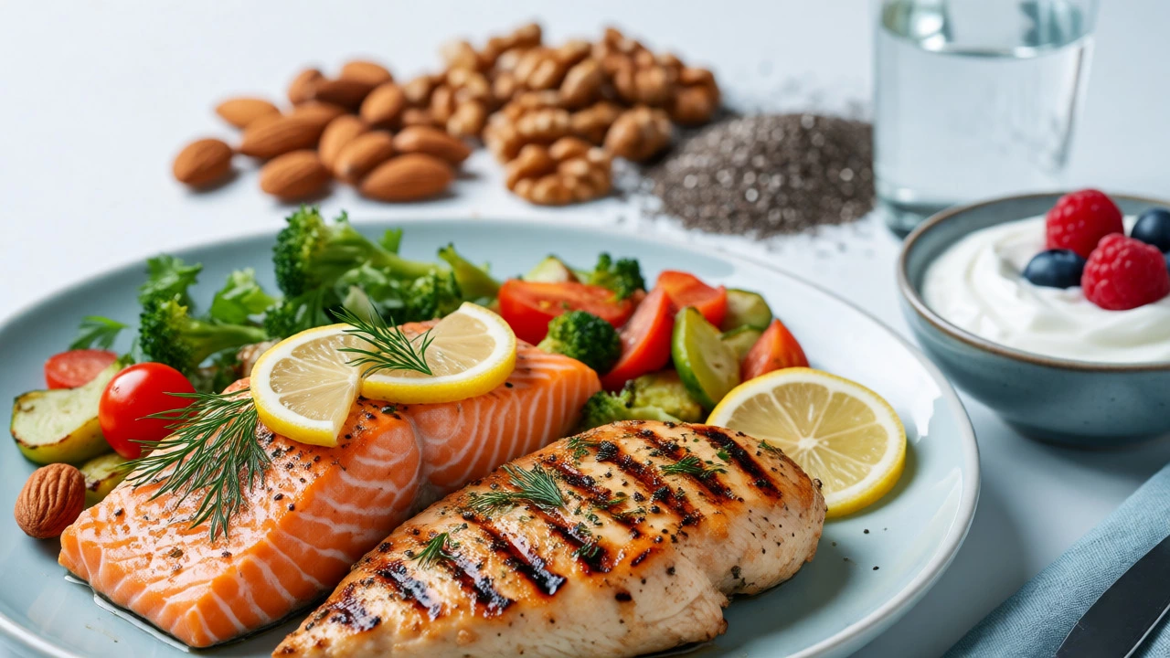 Grilled chicken, salmon, and yogurt surrounded by nuts and seeds on a white surface.