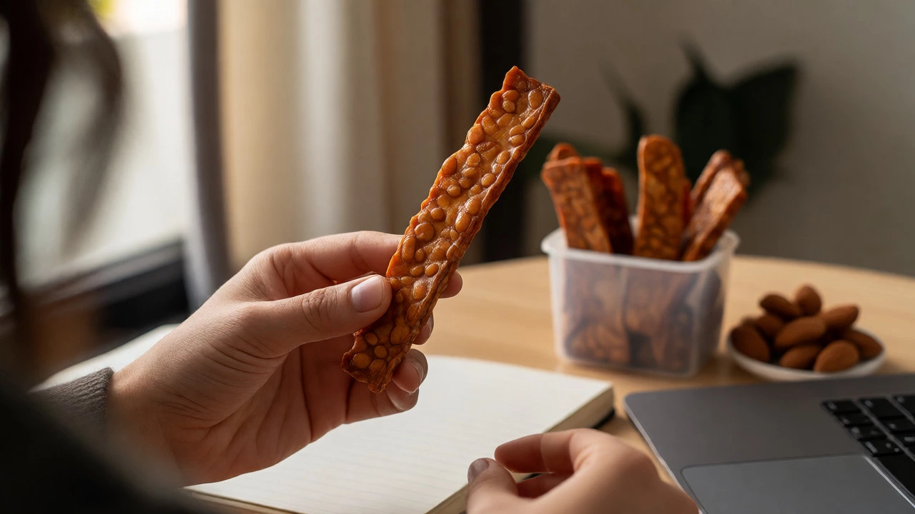 Hand holding a strip of caramelized tempeh jerky at an office desk