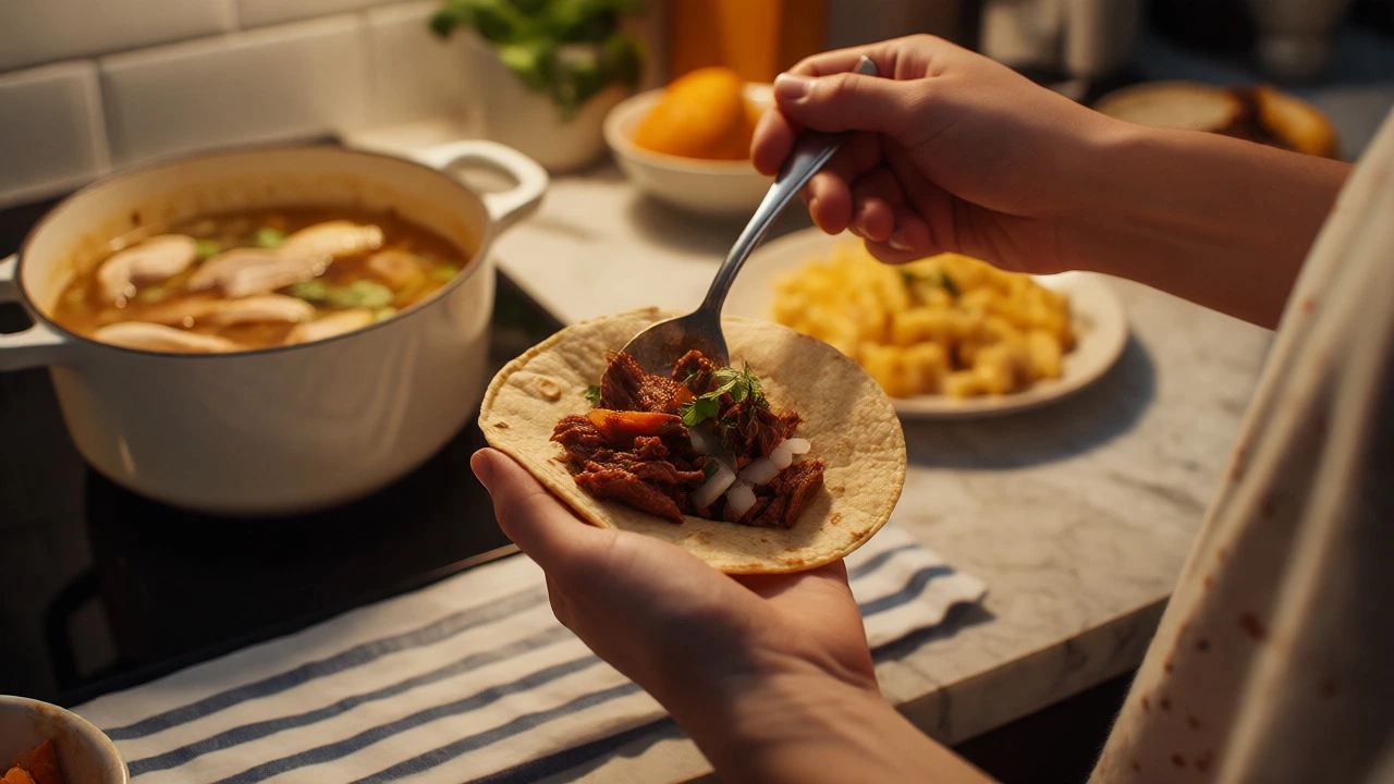 Hands assembling tacos in a cozy kitchen with soup and pasta in background