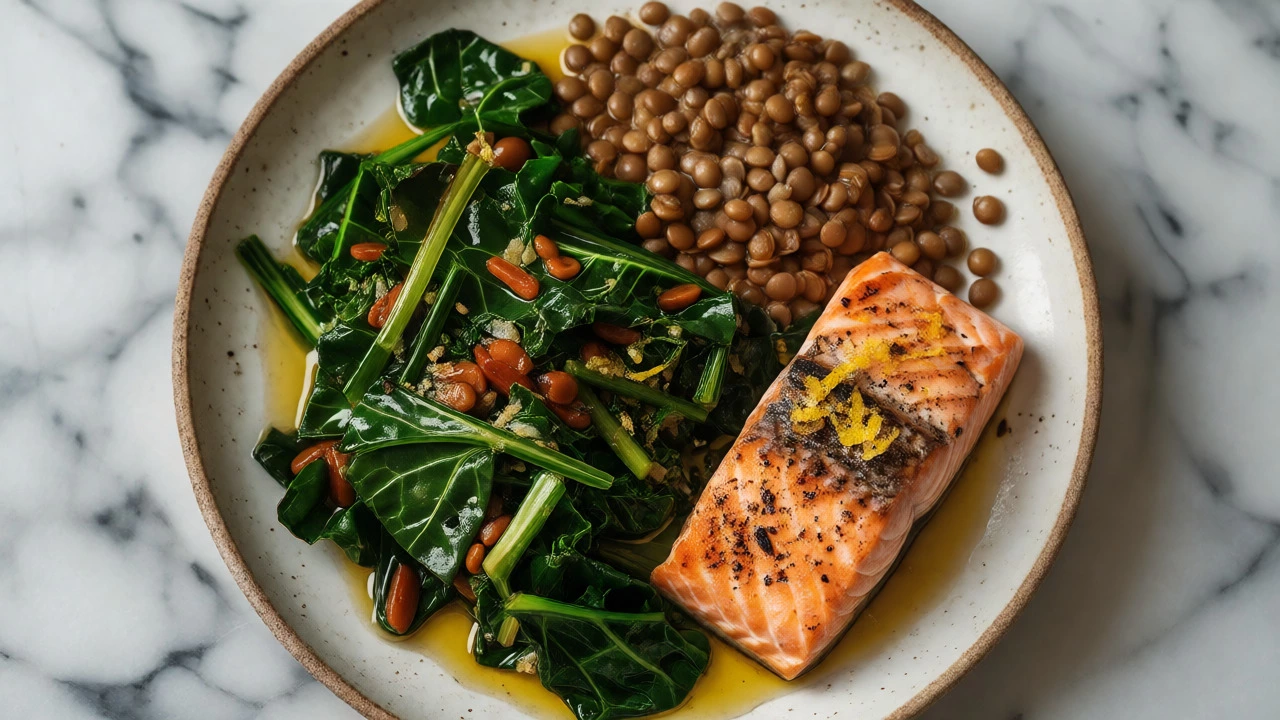Healthy plate with greens, salmon, and lentils on marble