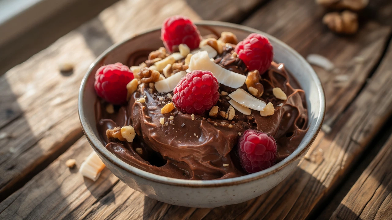 Homemade avocado chocolate ice cream with nuts and berries