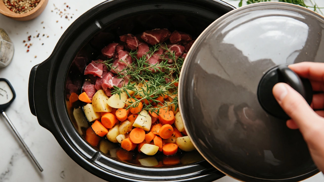 Layered ingredients being covered in a slow cooker insert