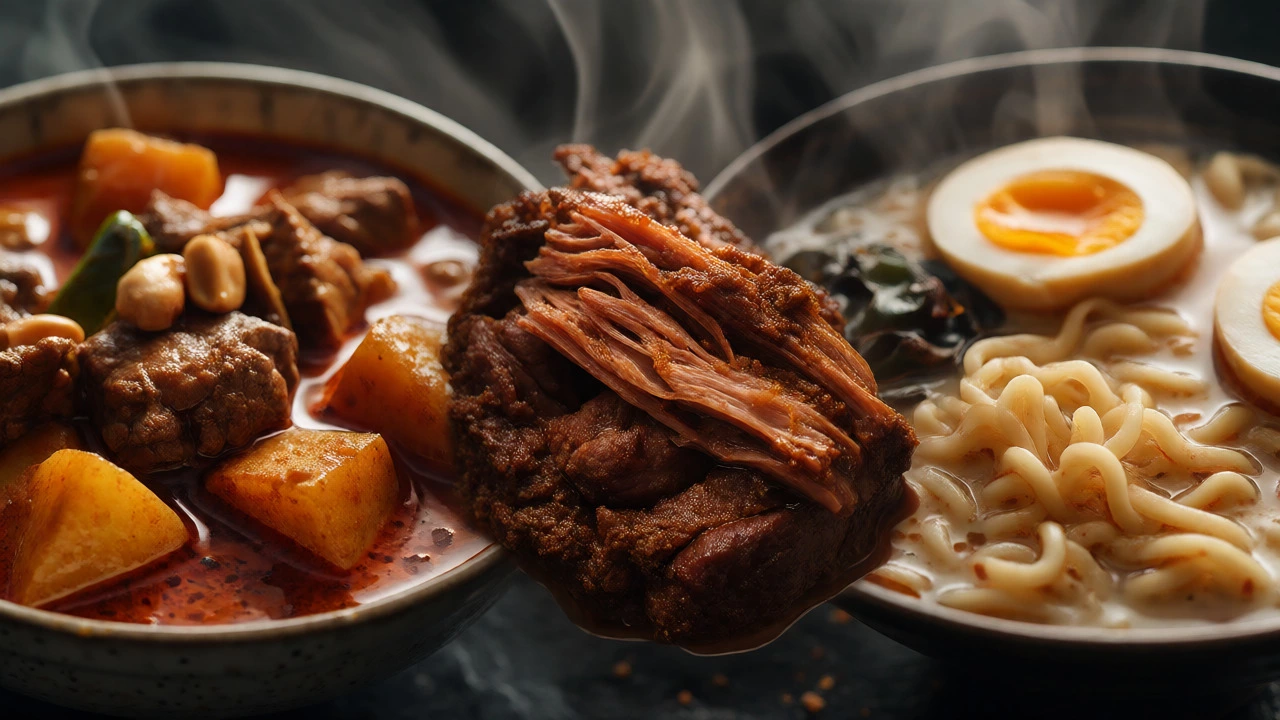 Macro close-up of Massaman Curry, Rendang, and Ramen with rising steam