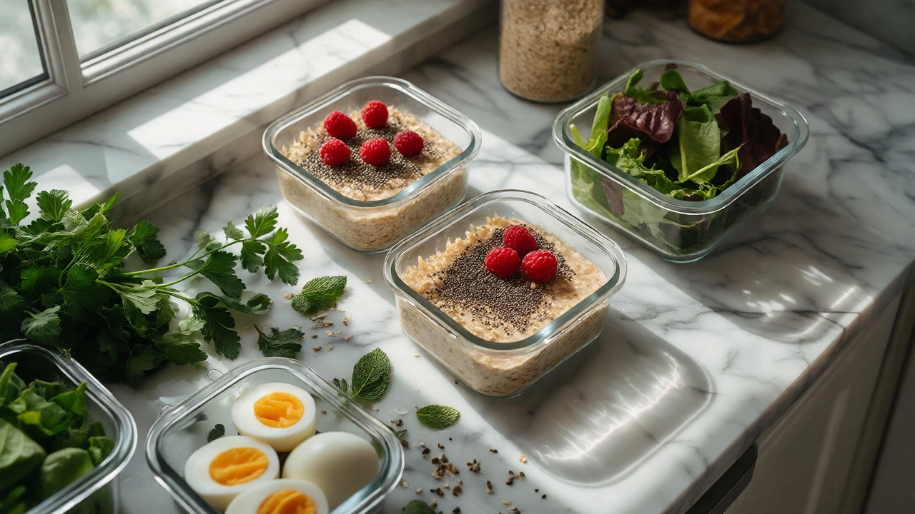 Meal prep containers with oats, chia seeds, greens, and eggs on a marble surface.
