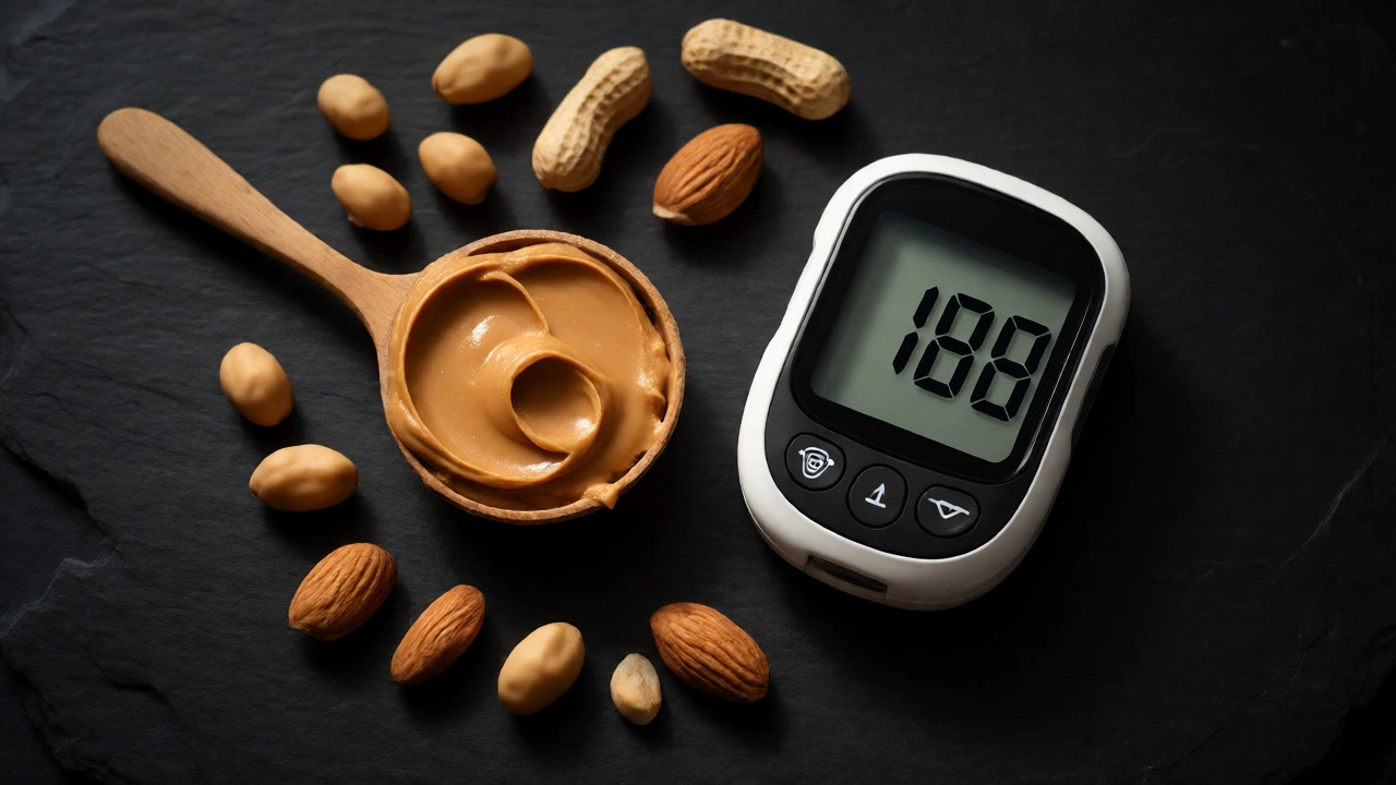Measured peanut butter beside a glucose monitor
