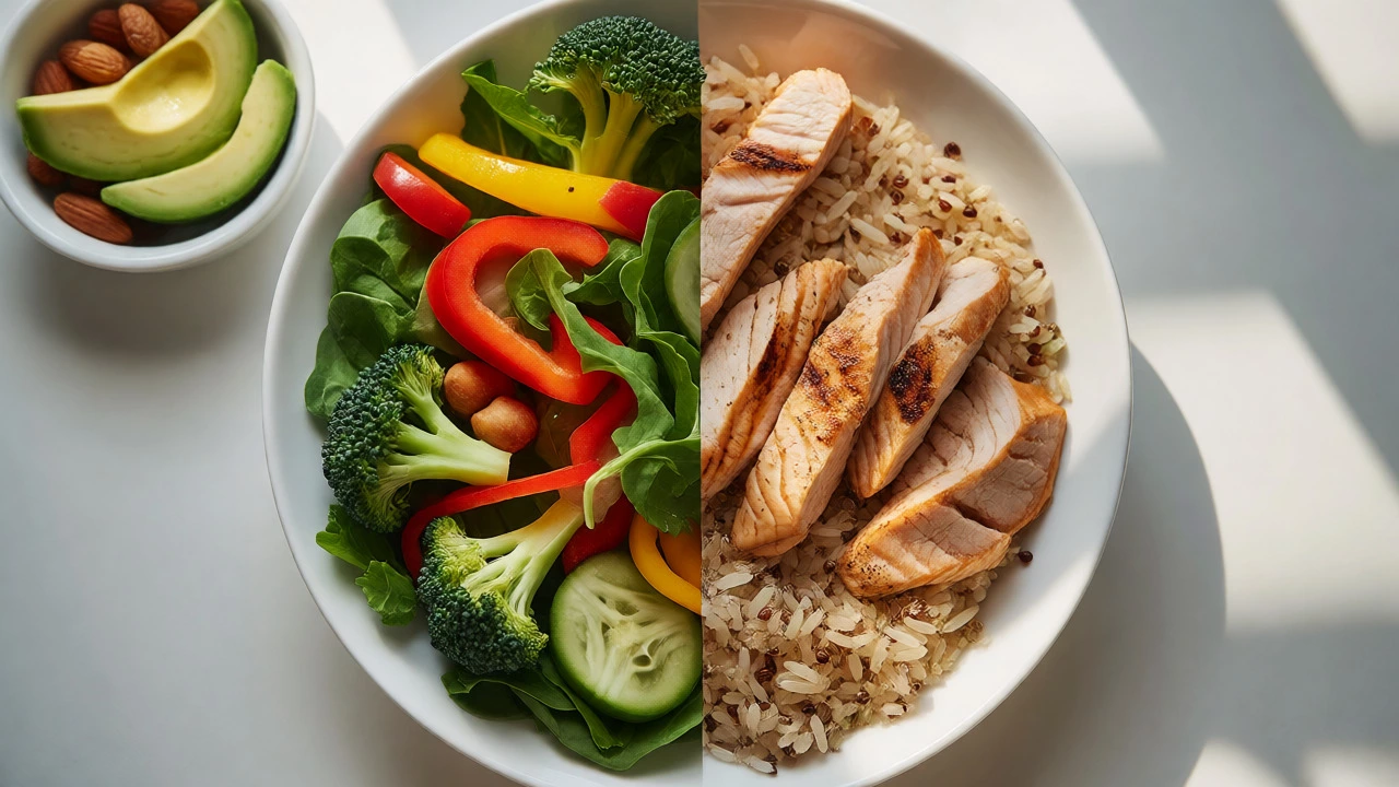 Overhead view of a balanced lunch plate with protein, fiber, and complex carbs