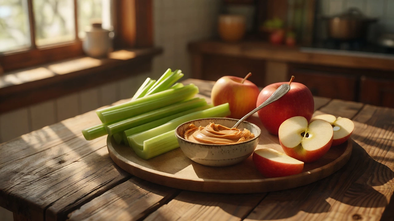 Peanut butter served with celery and apple slices