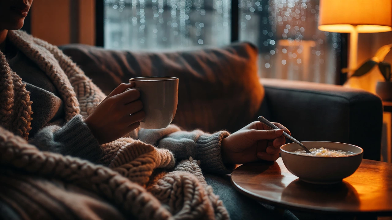 Person wrapped in a blanket drinking ginger tea while looking out a rainy window