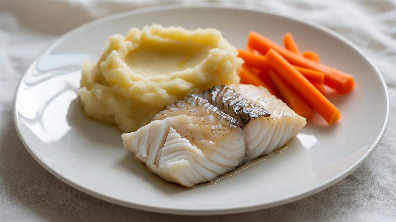 Plate of poached cod and mashed potatoes with steamed carrots