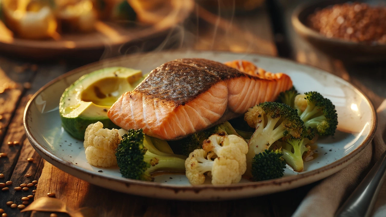 Seared salmon with roasted broccoli, cauliflower, and avocado slices on a plate.