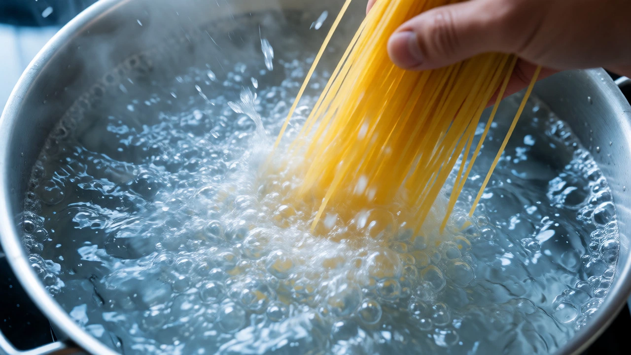 Spaghetti being dropped into a pot of vigorously boiling water