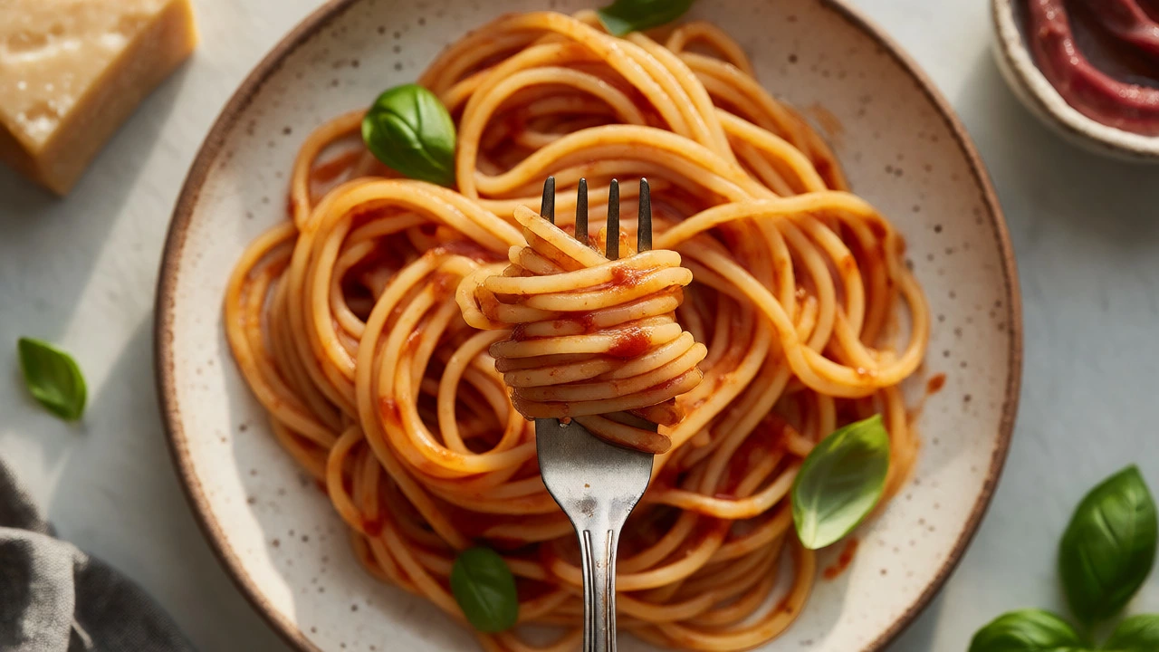 Spaghetti twirled on a fork coated in rich, glossy tomato sauce with fresh basil.