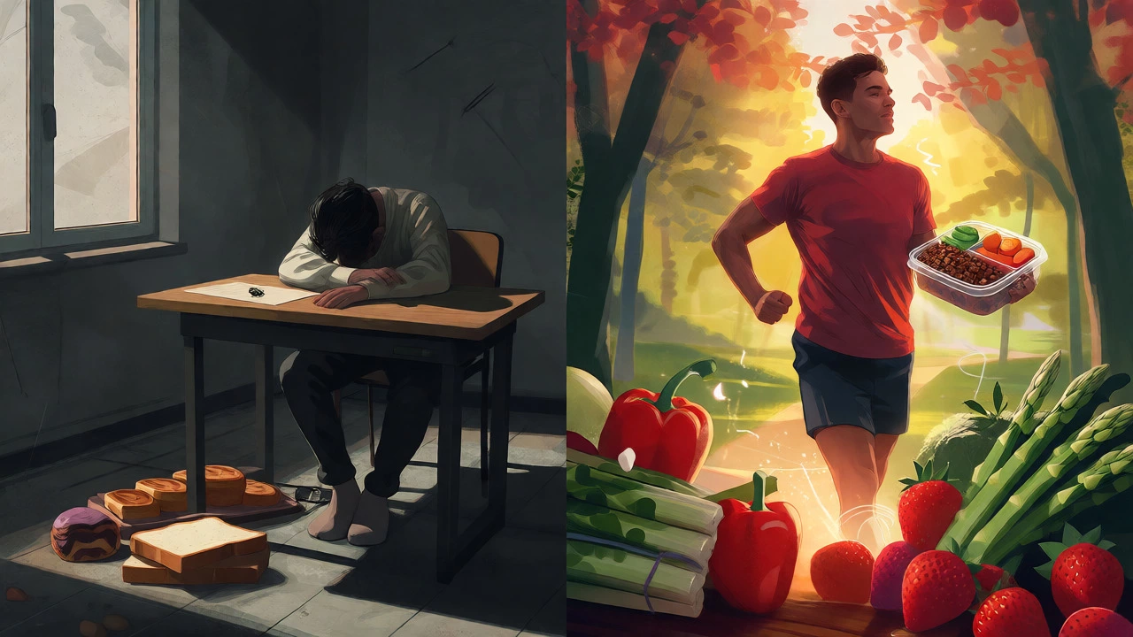 Split image contrasting low-energy food comas with high-energy healthy eating