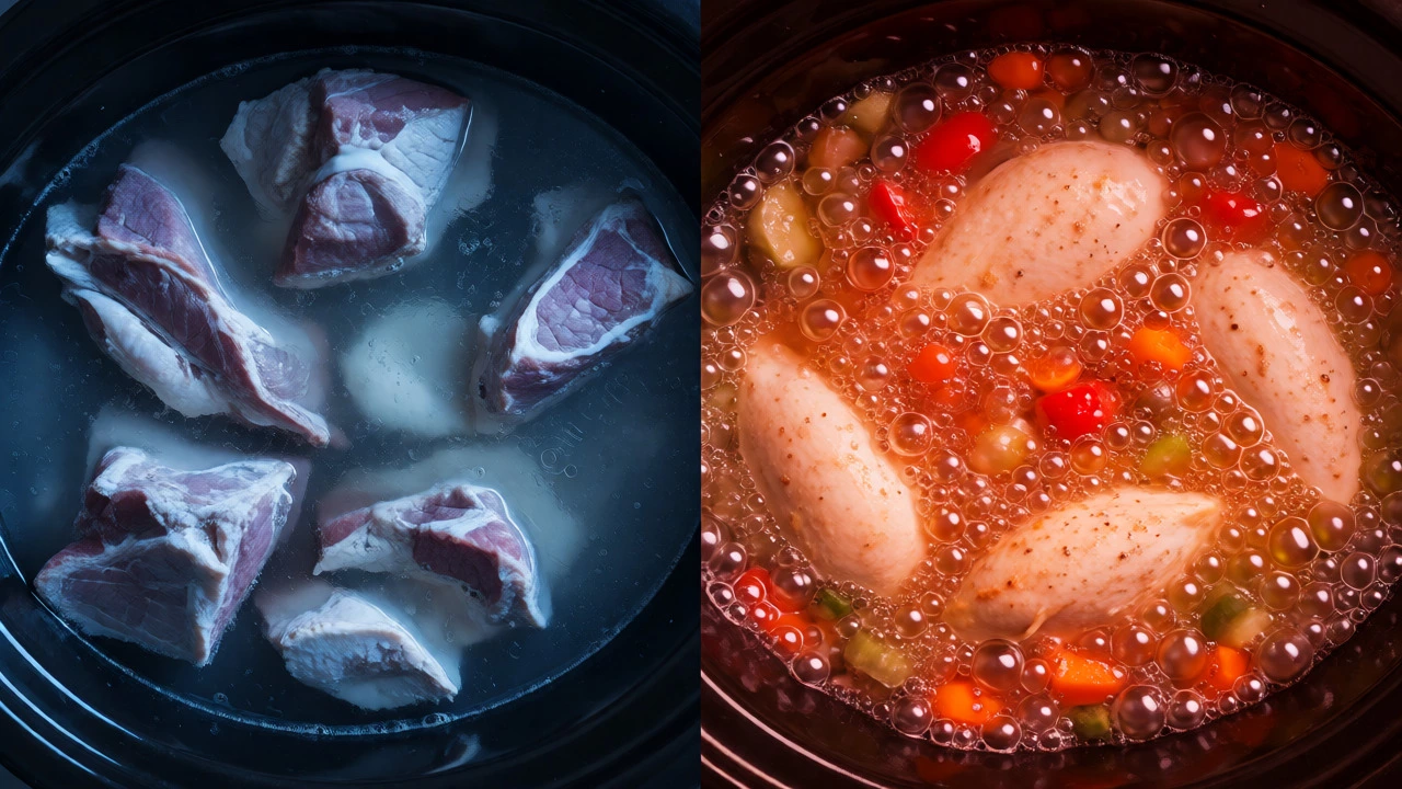 Visual comparison of low heat simmering versus high heat boiling in slow cookers